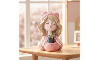 Pink Figurine Pen Holder Sculpted Girl Figurine Organizer Aesthetic Desk Organizer with Container Cartoon for Vanity