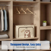 Foldable Storage Box, Large Capacity Clothes Organizer, Oxford Fabric, Visual Panel, Cartoon Pattern, Steel Frame, Wardrobe