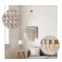Handmade Pendant Lampshade with Fringe Woven Macrame Lampshade Knotted Bohemian Hanging Lamp Natural for Bedroom