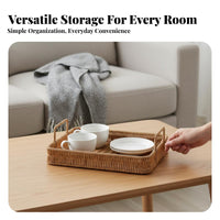 Japanese design aesthetic Round Woven Tray adaptable Round Woven Platter with Handles Natural visually pleasing Storage Basket perfect Gift for &beverage Lovers, Interior Decorators, homeowners, Kitchen, Living Room, Dining Table, Housewarming Party