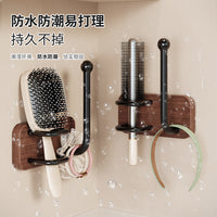 Walnut Wood Wall-Mounted Storage Rack with Hooks for Bathroom and Kitchen