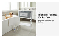 Ergonomic Height Pet Bath Tub with Stand Built-in Drainage System Collapsible Pet Tub Extendable Drain Hose Foldable Dog Bath Integrated Storage Shelf for Cats, Small Dogs, Outdoor