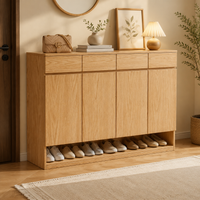 Nordic Wood Shoe Storage Cabinet, Ash Wood Finish Hallway Storage Unit, 35cm Deep Shoe Cupboard for Small Flats