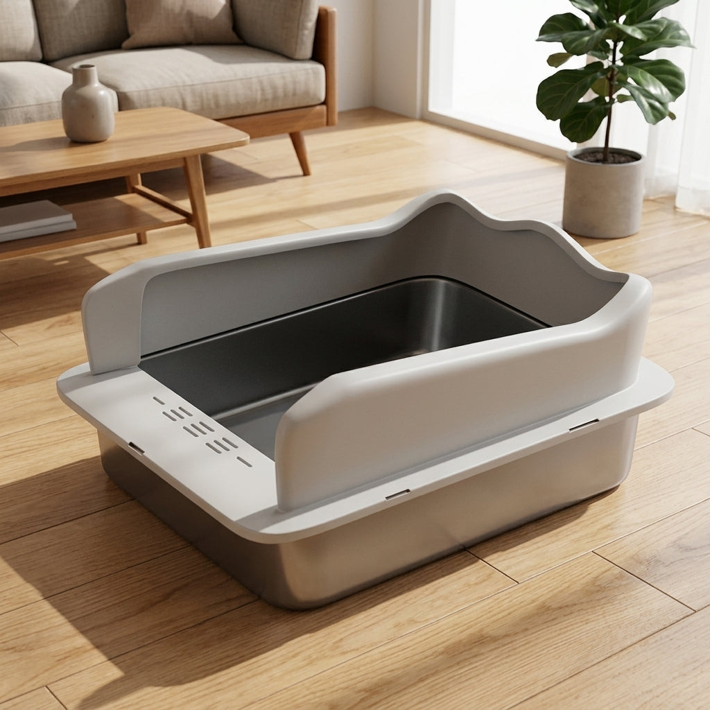 Stainless Steel Cat Toilet Litter Tray, Semi-Enclosed Litter Pan for Big Cats, Odor Control Indoor Home for Pets, Never Absorbs, 50x35cm Size