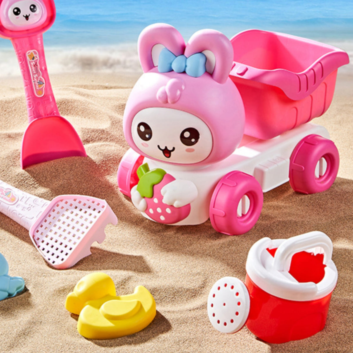 5 Pieces Pink Bunny Sand Vehicle Cartoon Design Beach Sand Toy Set Bright Colors Sandcastle Building Kit