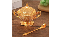 Ornate Sugar Bowl with Lid and Spoon Vintage-Style Sugar Bowl with Spoon Gold-Colored Elegant Embossed for Collectors