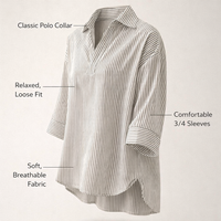 Women Striped Collared Shirt with Three Quarter Sleeves for Golf and Casual Wear, Loose Fit Pullover Top for Office and Going Out, Polyester Blend