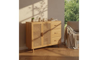 Solid Wood Rattan Storage Cabinet Bohemian Design Rattan Door Cabinet Multifunctional Boho Credenza Large Capacity for Entryway, Dining Room