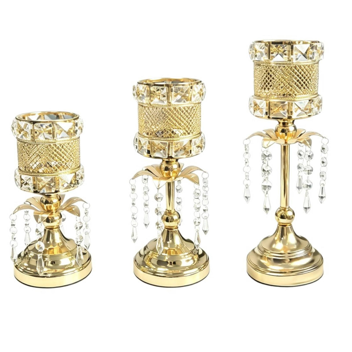 3 Pieces Candlestick Holder with Crystal Beads Decorative Candle Stands Textured Mesh for Mantel Display