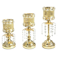 3 Pieces Candlestick Holder with Crystal Beads Decorative Candle Stands Textured Mesh for Mantel Display