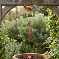Hand-Painted Rooster-Shaped Wind Chime Iron Metal Wind Chime Glass Hanging Rooster-Shaped Ornament Flower and Foliage