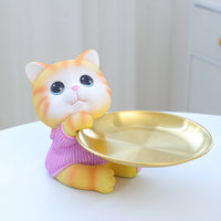 Gold-Colored Seated Cat Organizer Textured Cat-Shaped Storage Tray Metallic-Finish-Looking House Decoration Small-Item for Desktop, Entryway