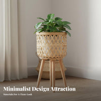 Nordic Design Woven Basket Planter with Stand Floor-Standing Woven Planter with Legs Natural Texture Flower Pot Holder Boho Aesthetic for Plant Lovers, Interior Decorators, Homeowners, Living Room, Balcony, Entryway, Bedroom