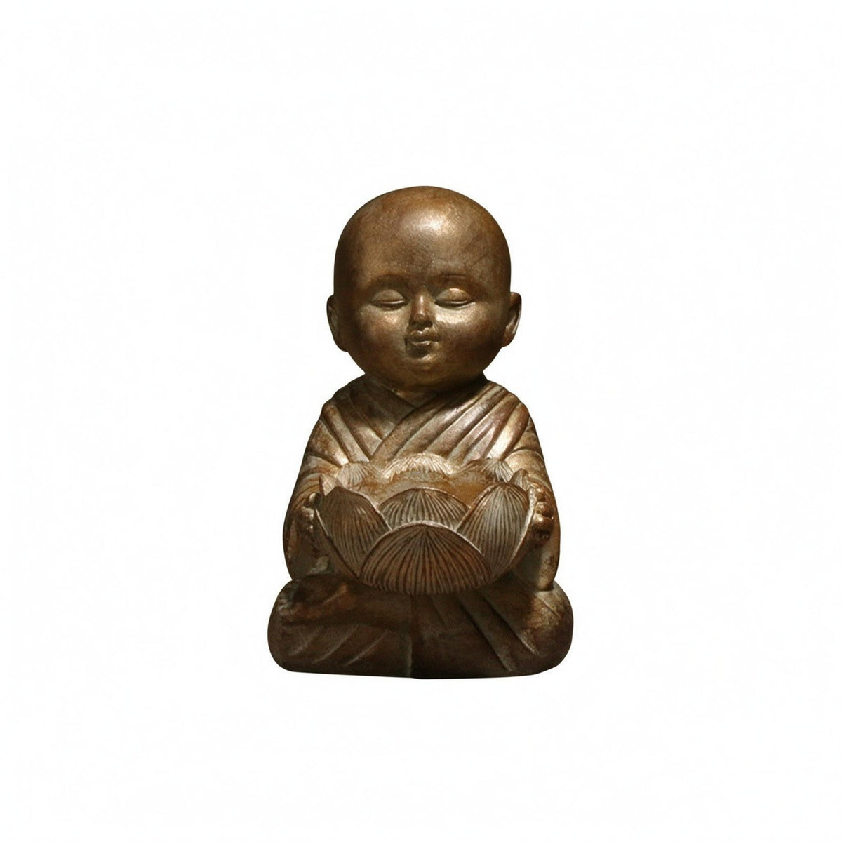 Carved Robe Folds Bronze Monk Candle Holder Polished Bald Head Seated Monk Figurine Compact Lotus Cup Statue Ornamental for Desktop