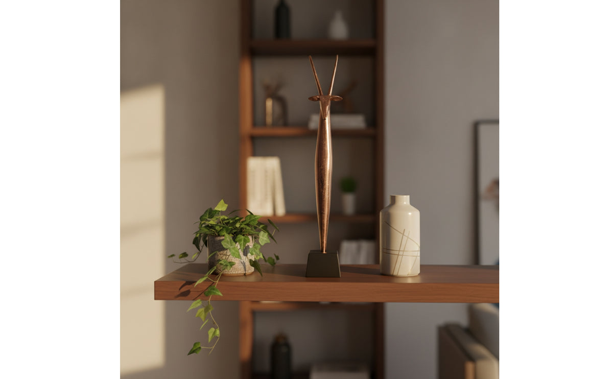 Abstract Deer Sculpture Minimalist Deer Figurine Tabletop Sculpture with Base Bronze-Toned for Homeowners, Art Collectors, Living Room, Bookshelf, Office, Entryway Console