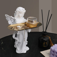 Praying Angel Figurine White Finish Angel Tray Holder Small Item Tray Statue Gold Toned Tabletop