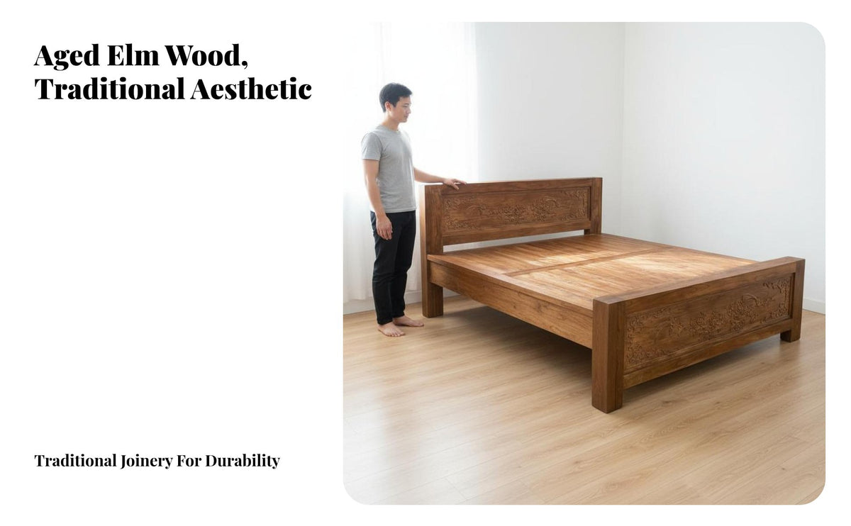 Chinese Design Foundation Bed Traditional Joinery Solid Wood Double Bed Hand Polished Bedroom Furniture for Homeowners, Guesthouse, Guest Room