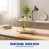 Japanese Style Sturdy Wood Double-Tier Storage Rack, Iron Desktop Organizer, Minimalist Shelf for Office & Living Room