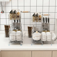 Extendable Dish Rack with Knife Block, 304 Stainless Steel Double Layer Design, Light Luxury Style Over the Sink or Countertop Kitchen Storage