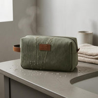 Leather Trim Canvas Toiletry Bag Zippered Waterproof Toiletry Bag Woven Texture