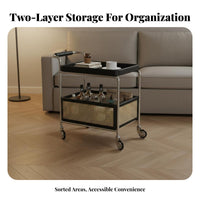 Easy to Move Wooden Trolley with Rattan Basket Multifunctional Vintage Mobile Side Table Space-Saving 2-Tier Rolling Cart Large Capacity for Home Entertainers, Apartment Dwellers, Homeowners, Living Room, Bedroom, Art Studio