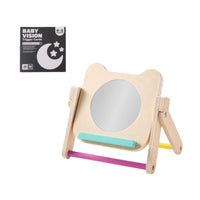 Wooden Mirror with Cards Educational Bear Mirror Toy Foldable Compact for Babies, Tummy Time, Nursery