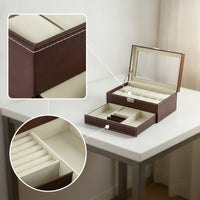 Two-Tier Watch Box with Drawer Compartmented Jewelry Box with Glass Lid Rectangular Watch Display Case with Glass Lid Padded for Dresser, Vanity Table