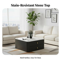 Rock Slab Top Square Storage Table Minimalist Design Living Room Furniture Scratch Resistant Easy to Clean for Apartment Dwellers, Homeowners, Families, Small Areas, Den, Lounge Area