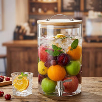 Water Dispenser with Hammered Glass, Juice Refreshment Dispenser with Bamboo Lid and Wooden Stand, Sealed Home Bar Iced Tea Accessories
