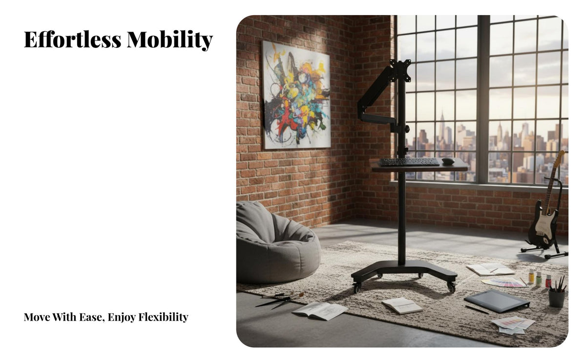 VESA Compatible Rolling Monitor Floor Stand Full Motion Mobile Computer Workstation Gas Hydraulic Arm Computer Cart on Wheels Heavy Duty for Presenters, Conference Room, Classroom