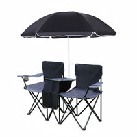 Double Folding Chair with Umbrella Foldable Design Portable Beach Loveseat with Canopy Storage Pockets Outdoor Furniture for Picnic, Backyard