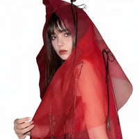 Halloween Cosplay Veil, Red Specter Bride Headpiece, Red Ribbon Victorian Mesh Lace Hair Accessory, Dark Women's Aesthetic