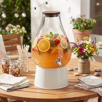Water Dispenser and Juice Dispenser with Tap, Pear Shaped Drink Vessel with Wood Lid, Simple Glass Carafe for Home Bar Party