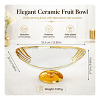 Ceramic Bowl with Pedestal Base Gold-Accented Foot Bowl with Scalloped Rim Decorative Round for Tabletop, Dining Table