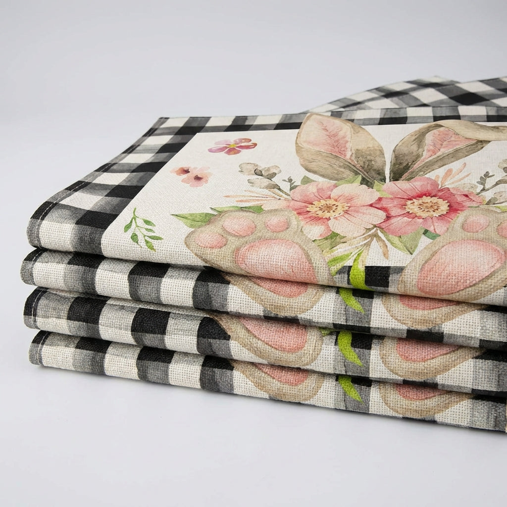 Set of 4 Easter Placemats, Rustic Checkered Bunny Table Mats, Washable Fabric Dining Table Decorations for Spring Holiday Kitchen Home Party