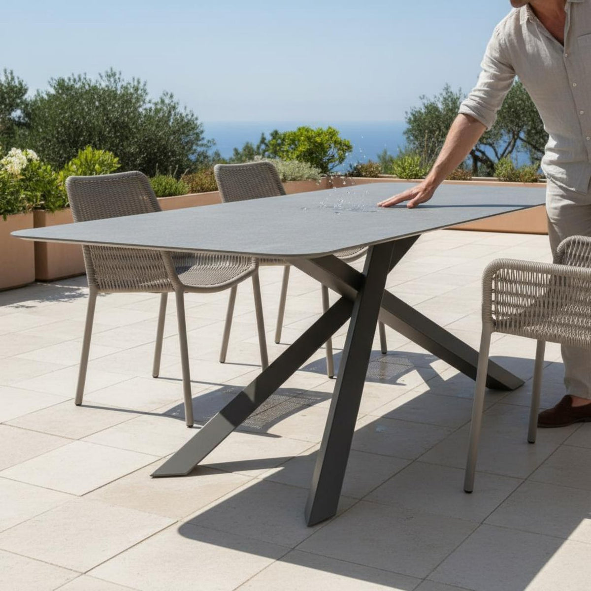 7 Pieces Waterproof Modern Rectangular Garden Dining Set Heavy-Duty Frame Sintered Stone Top Dining Table Set for Courtyard, Balcony
