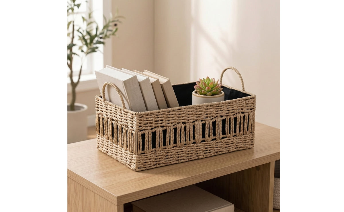 Braided Container Basket with Handles Rectangular Braided Straw Basket with Lining Stylish for Closet