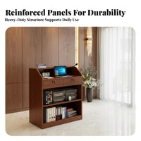 Modern Design Floor-Standing Lectern Multi-Purpose Reception Host Stand Wide Tabletop Wooden Podium with Storage Long-Lasting Construction for Presenters, Receptionists, Lecture Halls, Classrooms, Conference Rooms, Churches