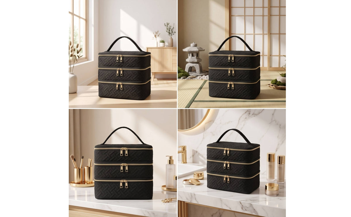 Travel Makeup Bag with Handle Multi-Functional Travel Makeup Bag with Compartments Structured Three-Layer Cosmetic Organizer for Overnight Stays