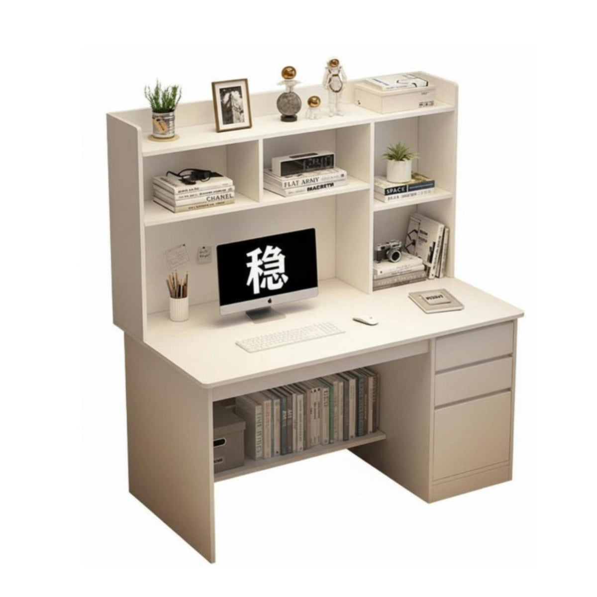 Minimalist Design Study Desk with Hutch Multiple Storage Options Workstation with Hutch and Drawers Spacious Desktop Writing Table Organized Compartments for Students, Teenagers, Telecommuting Workers, Bedroom