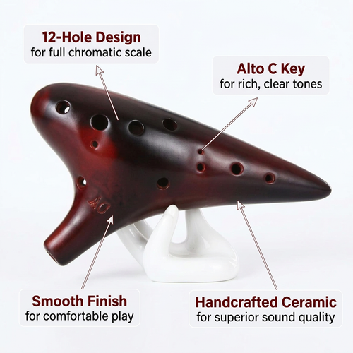 12 Hole Alto Musical Instrument for Beginners, Easy to Learn Ocarina with Beautiful Sound, Ceramic Instrument for Music Students, Gift for Adults