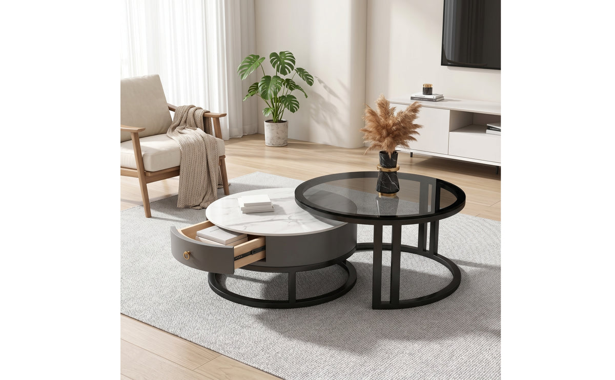 2 Pieces Coffee Table Set with Storage Modern Coffee Table with Storage Drawers Strengthened Glass for Apartment