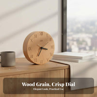 Battery Operated Beech Wood Table Clock Hand Polished Round Wooden Alarm Clock Easy to Set for Light Sleepers, Students, Bedroom, Bookshelf