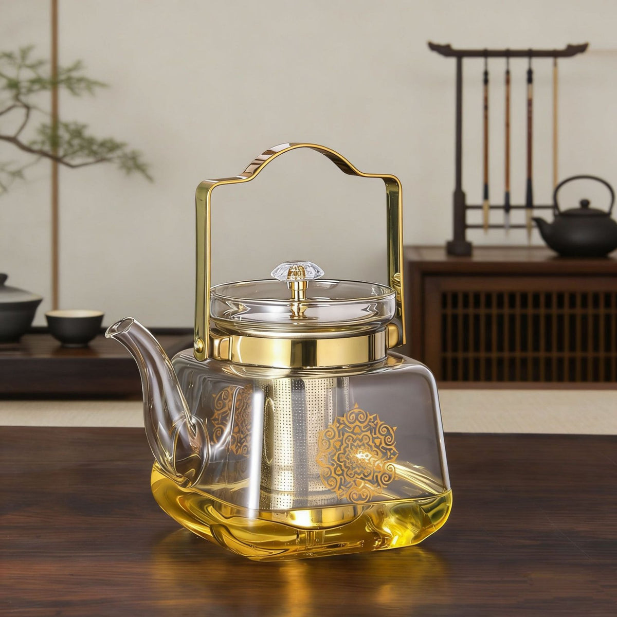 Glass Teapot with Infuser Stovetop Safe Heat Resistant Golden Accents for Home