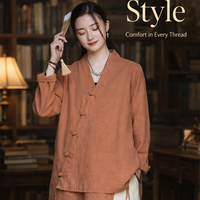 Women Long Sleeve V-Neck Blouse with Handmade Chinese Frog Closure Buttons, Wrap Front for Casual Everyday Wear, Loose Fit Vintage Style Shirt