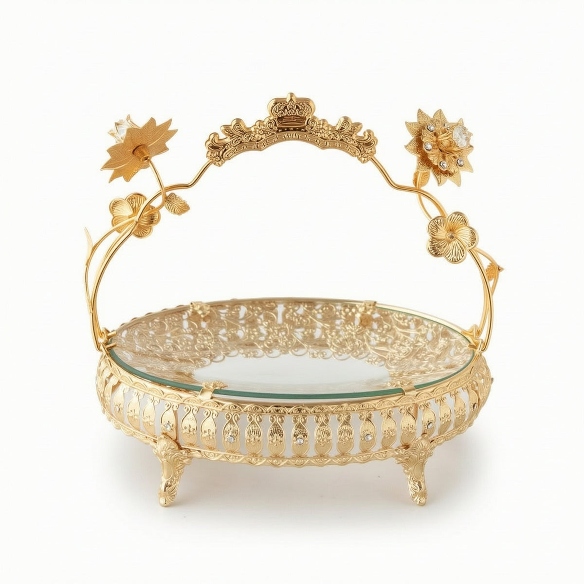 Decorative Fruit Basket with Glass Base Ornate Tabletop Basket with Handle Gold-Toned Holder Vintage-Style for Home Decorators, Hosts, Dining Table, Living Room