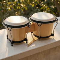 Natural Wood Bongo Drum with Wooden Bridge Hand-Played Bongo Drum Acoustic Percussion Instruments Tunable for Beginners, Classroom