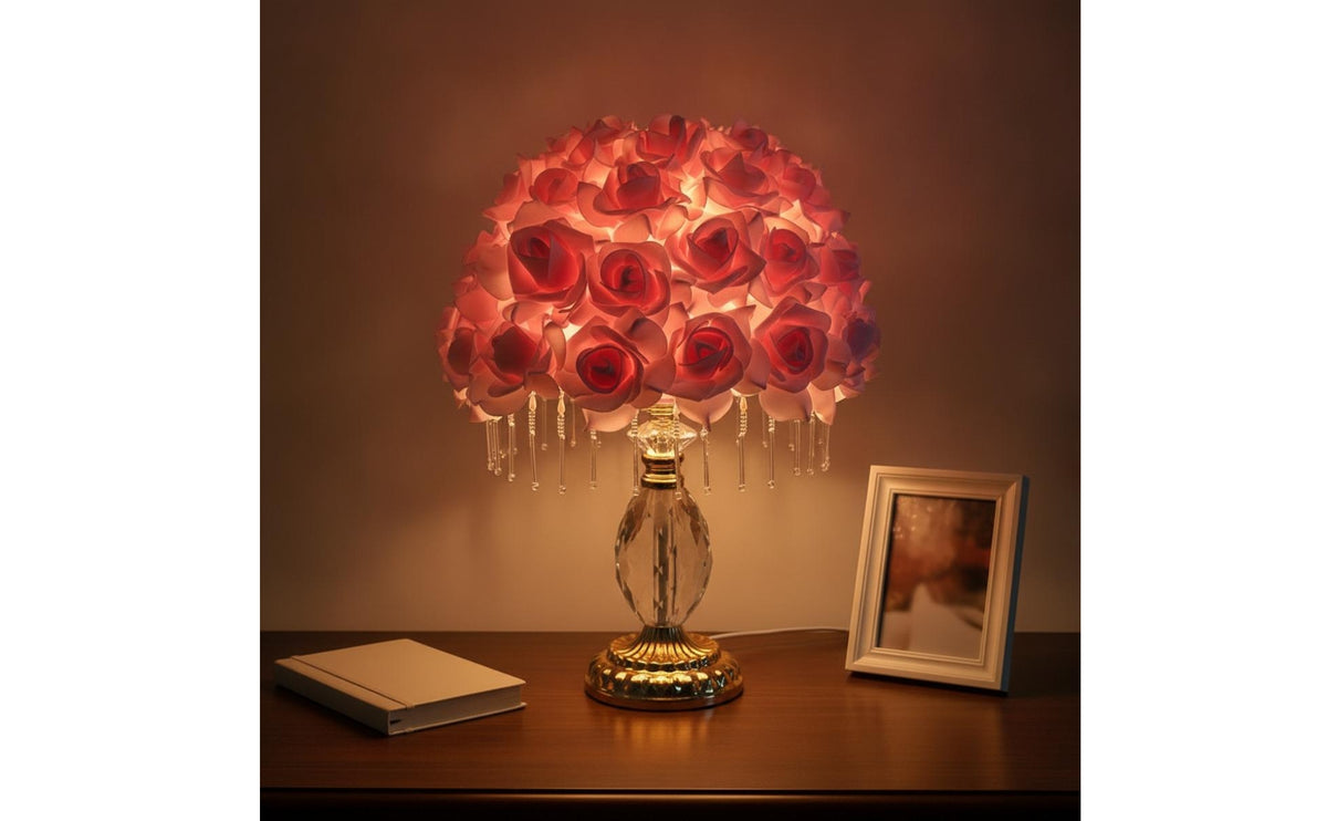 Romantic Rose Petal Lamp Warm Lamp with Crystal Drops Soft Realistic for Reading Corner