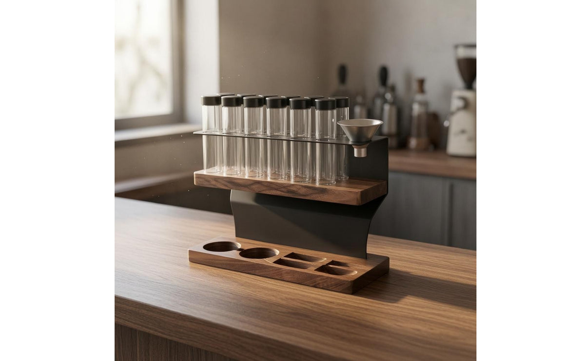 Coffee Bean Storage Rack Open Design Glass Bottle Coffee Storage Set Black Lid Wood Base Container Set