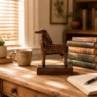 Mottled Wood Base Horse Figurine Dark Brown Standing Horse Statue Carved Display Piece Glossy for Shelf, Desk